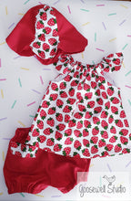 Load image into Gallery viewer, Strawberry outfit - shorts, top and hat age 3-4
